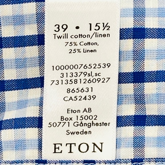 ETON Shirt Mens Medium Slim Fit Blue White Gingham Twill Cotton Linen Blend - Picture 5 of 9